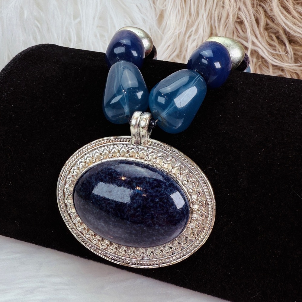Aged Silvertone and blue southwestern style Bohemian chic statement Necklace